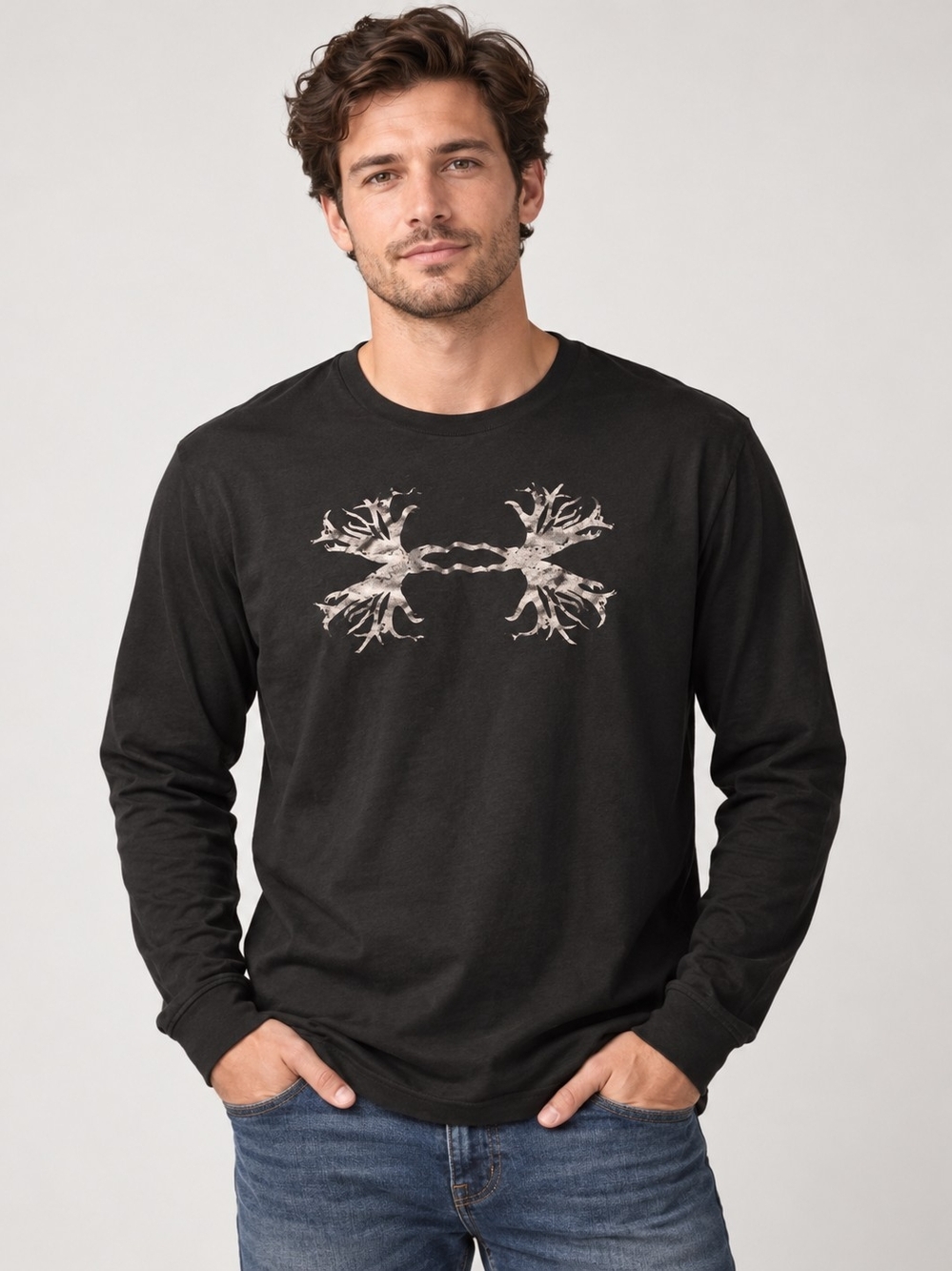 Under Armour Black Long-Sleeve Tee with Tan Stag Graphic
